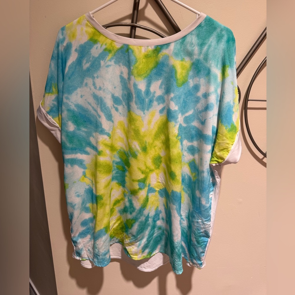Calvin Klein Blue & Lime Tie-Dye Short Sleeve Top Size XL